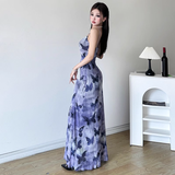 Sheath Spaghetti Straps Purple Butterfly Print Lace Casual Dress Beach Holiday Dresses SD314