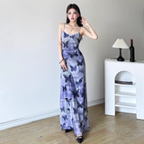 Sheath Spaghetti Straps Purple Butterfly Print Lace Casual Dress Beach Holiday Dresses SD314
