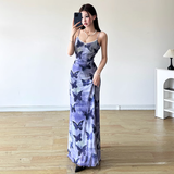 Sheath Spaghetti Straps Purple Butterfly Print Lace Casual Dress Beach Holiday Dresses SD314