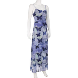 Sheath Spaghetti Straps Purple Butterfly Print Lace Casual Dress Beach Holiday Dresses SD314