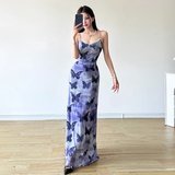 Sheath Spaghetti Straps Purple Butterfly Print Lace Casual Dress Beach Holiday Dresses SD314