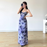 Sheath Spaghetti Straps Purple Butterfly Print Lace Casual Dress Beach Holiday Dresses SD314