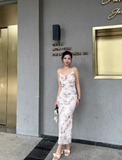 Sheath Spaghetti Straps Champagne Butterfly Print Lace Casual Dress Beach Holiday Dresses SD315