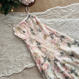 A line Spaghetti Straps Pink Floral Dress Long Holiday Dresses SD317