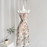 A line Spaghetti Straps Pink Floral Dress Long Holiday Dresses SD317