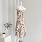 A line Spaghetti Straps Pink Floral Dress Long Holiday Dresses SD317