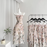 A line Spaghetti Straps Pink Floral Dress Long Holiday Dresses SD317