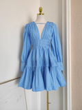A line V Neckline Long Sleeves Spring Blue Casual Dress Beach Holiday Dresses SD323