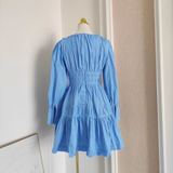 A line V Neckline Long Sleeves Spring Blue Casual Dress Beach Holiday Dresses SD323