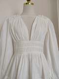 A line V Neckline Long Sleeves Spring White Casual Dress Beach Holiday Dresses SD324