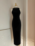 Sheath High Neckline Black Travel Vacation Dresses Velvet Birthday Dress SD326