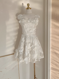 A line Straps Sleeveless Floral White Party Dress Short Holiday Dresses SD338