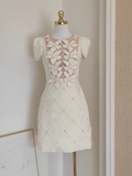 A line Boat Short Sleeves Satin White Party Dress Short Holiday Dresses SD347