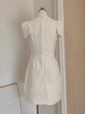 A line Boat Short Sleeves Satin White Party Dress Short Holiday Dresses SD347