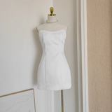 A line Strapless Sleeveless White Satin Party Dress Short Birthday Dresses With Cape SD354