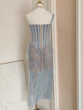Sheath One Shoulder Light Sky Blue Tulle Lace Dinner Party Dresses Birthday Outfits SD386
