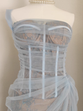 Sheath One Shoulder Light Sky Blue Tulle Lace Dinner Party Dresses Birthday Outfits SD386