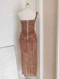 Sheath One Shoulder Brown Tulle Lace Dinner Party Dresses Birthday Outfits SD387