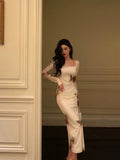 Sheath Square Neckline Long Sleeves Slit Floral Prom Dresses Birthday Dress SD411