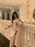 Sheath Square Neckline Long Sleeves Slit Floral Prom Dresses Birthday Dress SD411