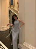 Sheath High Neckline Dusty Blue Satin Flowers Long Prom Dresses Evening Dress SD417