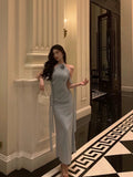 Sheath High Neckline Dusty Blue Satin Flowers Long Prom Dresses Evening Dress SD417