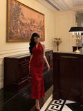 Sheath V Neckline Red Floral Ankle Length Prom Dresses Birthday Dress SD418
