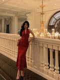 Sheath V Neckline Red Floral Ankle Length Prom Dresses Birthday Dress SD418