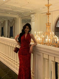 Sheath V Neckline Red Floral Ankle Length Prom Dresses Birthday Dress SD418