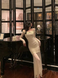 Sheath Off The Shoulder Long Sleeves Beige Prom Dresses Evening Dress SD421