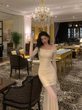 Sheath Off The Shoulder Long Sleeves Beige Prom Dresses Evening Dress SD421