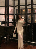 Sheath Off The Shoulder Long Sleeves Beige Prom Dresses Evening Dress SD421