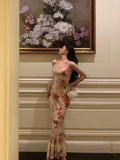 Sheath Spaghetti Straps Floral Ankle Length Prom Dresses Birthday Dress SD422