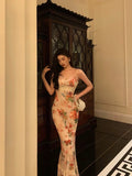 Sheath Spaghetti Straps Floral Ankle Length Prom Dresses Birthday Dress SD422