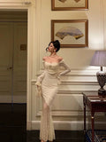 Sheath Off The Shoulder Long Sleeves Lace Prom Dresses Evening Dress SD426