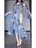 Sheath Spaghetti Straps Blue Long Party Dresses Birthday Outfits SD435