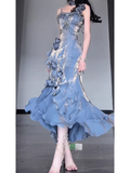 Sheath Spaghetti Straps Blue Long Party Dresses Birthday Outfits SD435