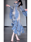 Sheath Spaghetti Straps Blue Long Party Dresses Birthday Outfits SD435