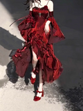 Sheath Irregular Ruffled Spaghetti Straps Women's Burgundy Birthday Party Dresses With Sleeves SD438