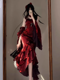 High Low Irregular Ruffled Spaghetti Straps Women's Burgundy Birthday Outfits Party Dresses With Sleeves SD441