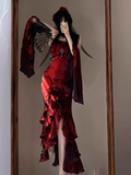 High Low Irregular Ruffled Spaghetti Straps Women's Burgundy Birthday Outfits Party Dresses With Sleeves SD441