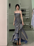 High Low Spaghetti Straps Gray Blue Long Party Dresses Birthday Outfits SD453