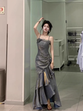 High Low Spaghetti Straps Gray Blue Long Party Dresses Birthday Outfits SD453