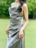 Sheath Spaghetti Straps Silver Gray Ankle Length Prom Dresses Birthday Outfits SD473