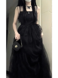 Ball Gown Spaghetti Straps Black Tulle Long Birthday Dresses Birthday Outfits SD506