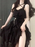 High Low Straps Black Chiffon Ruffles Long Prom Dresses Birthday Outfits SD508