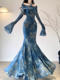 Mermaid Off The Shoulder Floral Blue Long Sleeves Party Dresses Birthday Outfits SD529