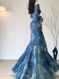 Mermaid Off The Shoulder Floral Blue Long Sleeves Party Dresses Birthday Outfits SD529