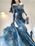 Mermaid Off The Shoulder Floral Blue Long Sleeves Party Dresses Birthday Outfits SD529