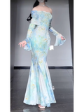 Mermaid Off The Shoulder Floral Long Sleeves Party Dresses Birthday Outfits SD530